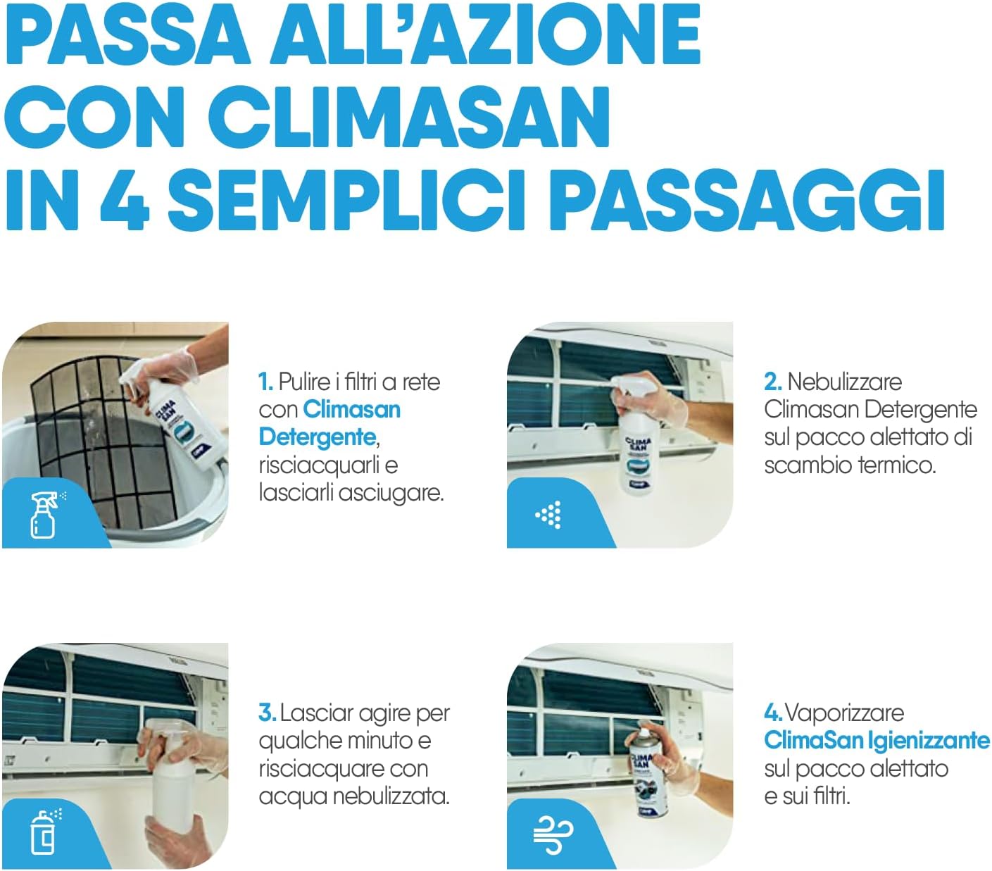Detergente igienizzante per impianti di climatizzazione: garantisce aria pulita e previene la formazione di batteri